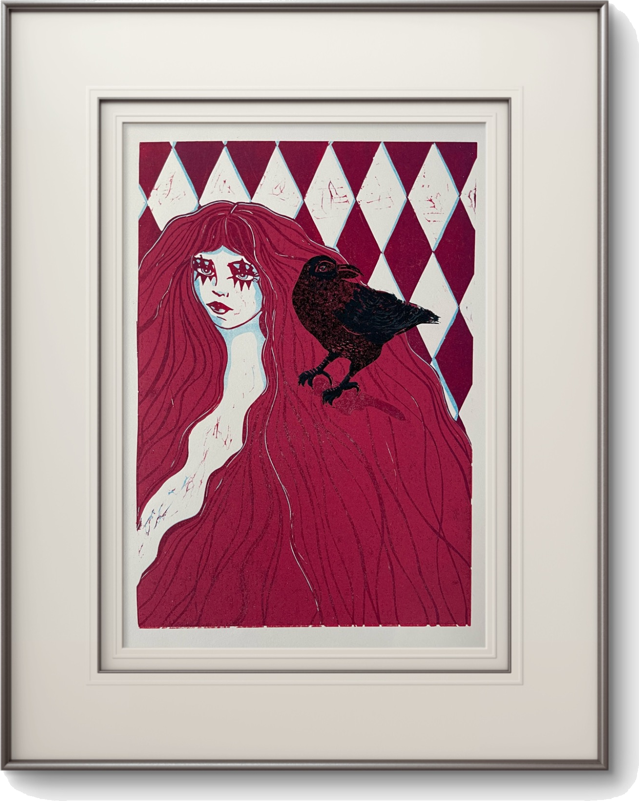 Lady and Crow, a lino print by Amy Slowik
