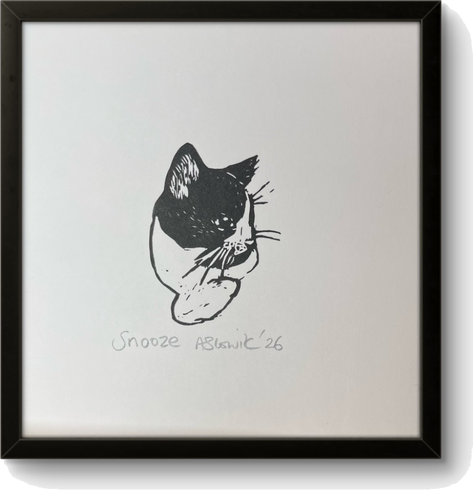 Snooze, a lino print by Amy Slowik
